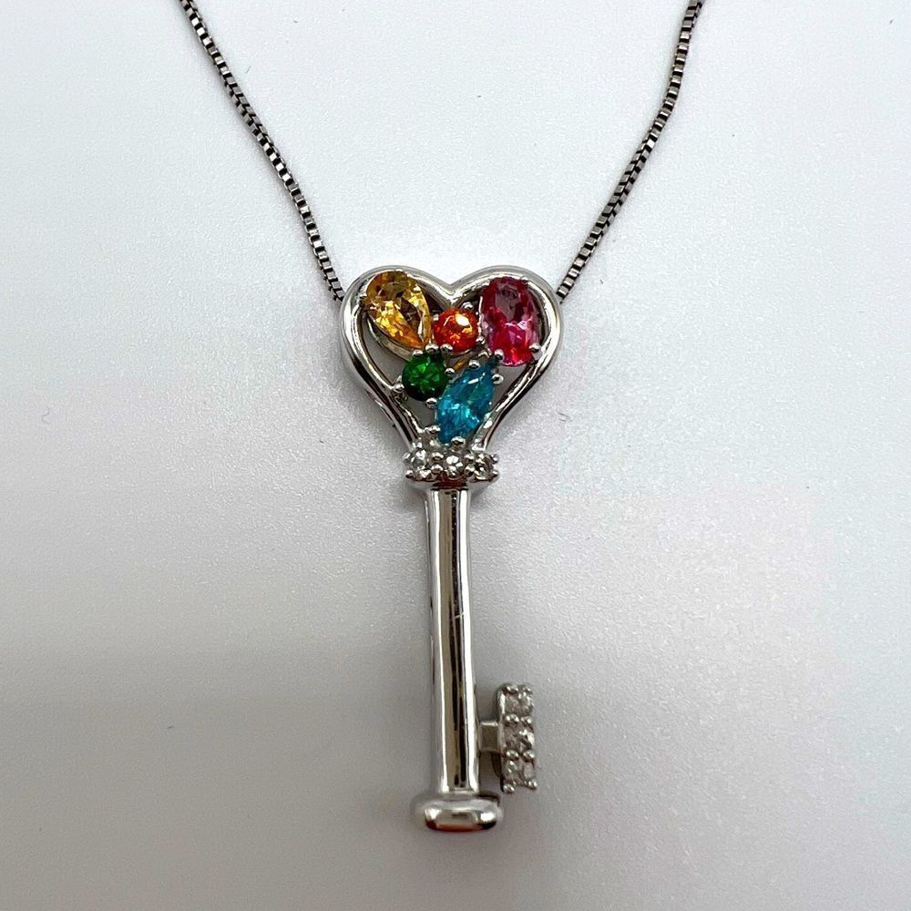.925 Sterling Silver and gemstone/CZ key necklace